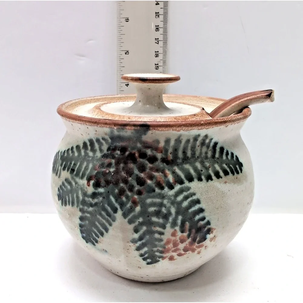 Vtg 70s‎ B. Welsh Studio Pacific Stoneware Lidded Honey Pot Jam Jar Spoon Oregon